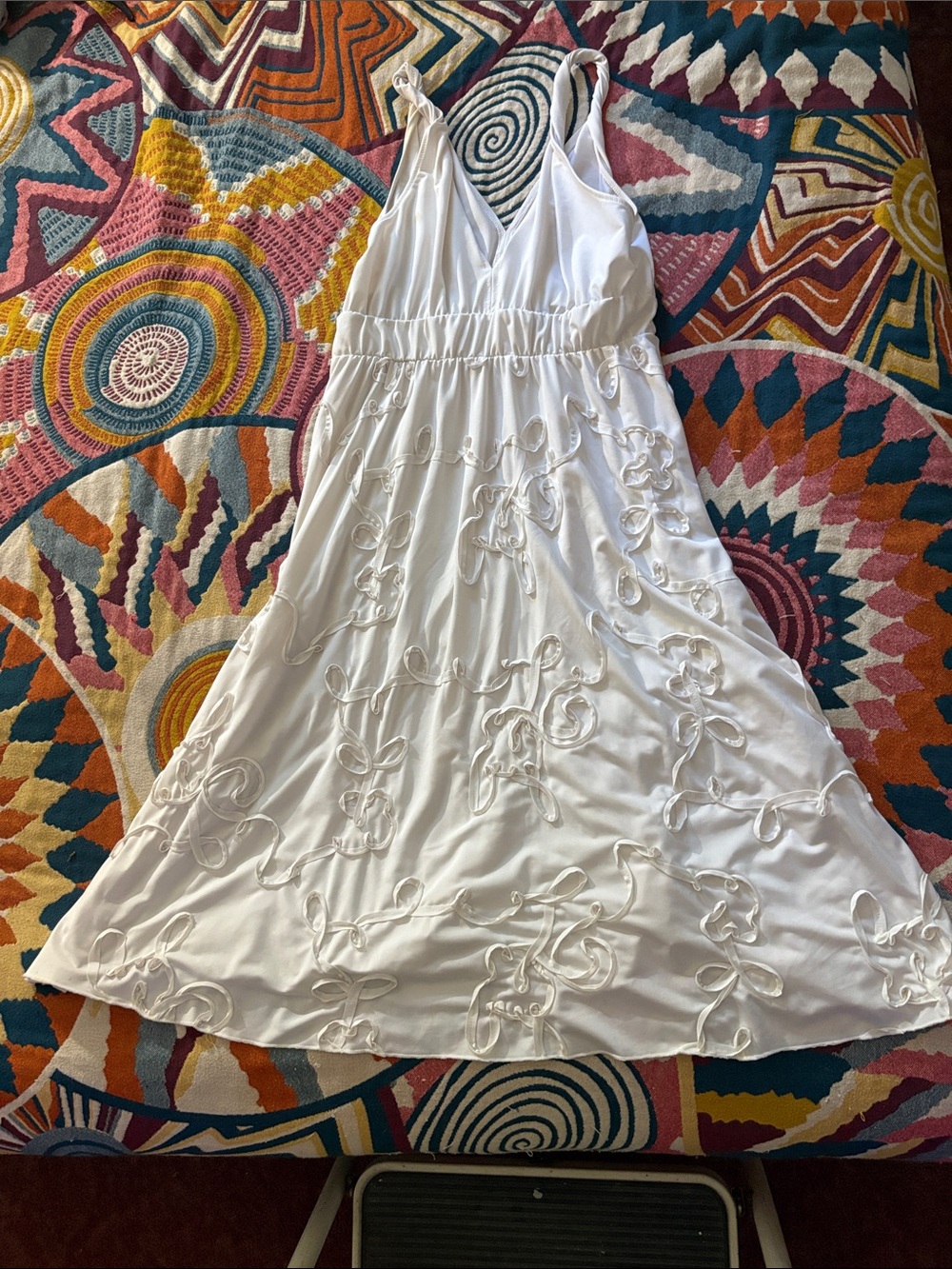 White Embroidered Midi Dress - Sleeveless V-Neck